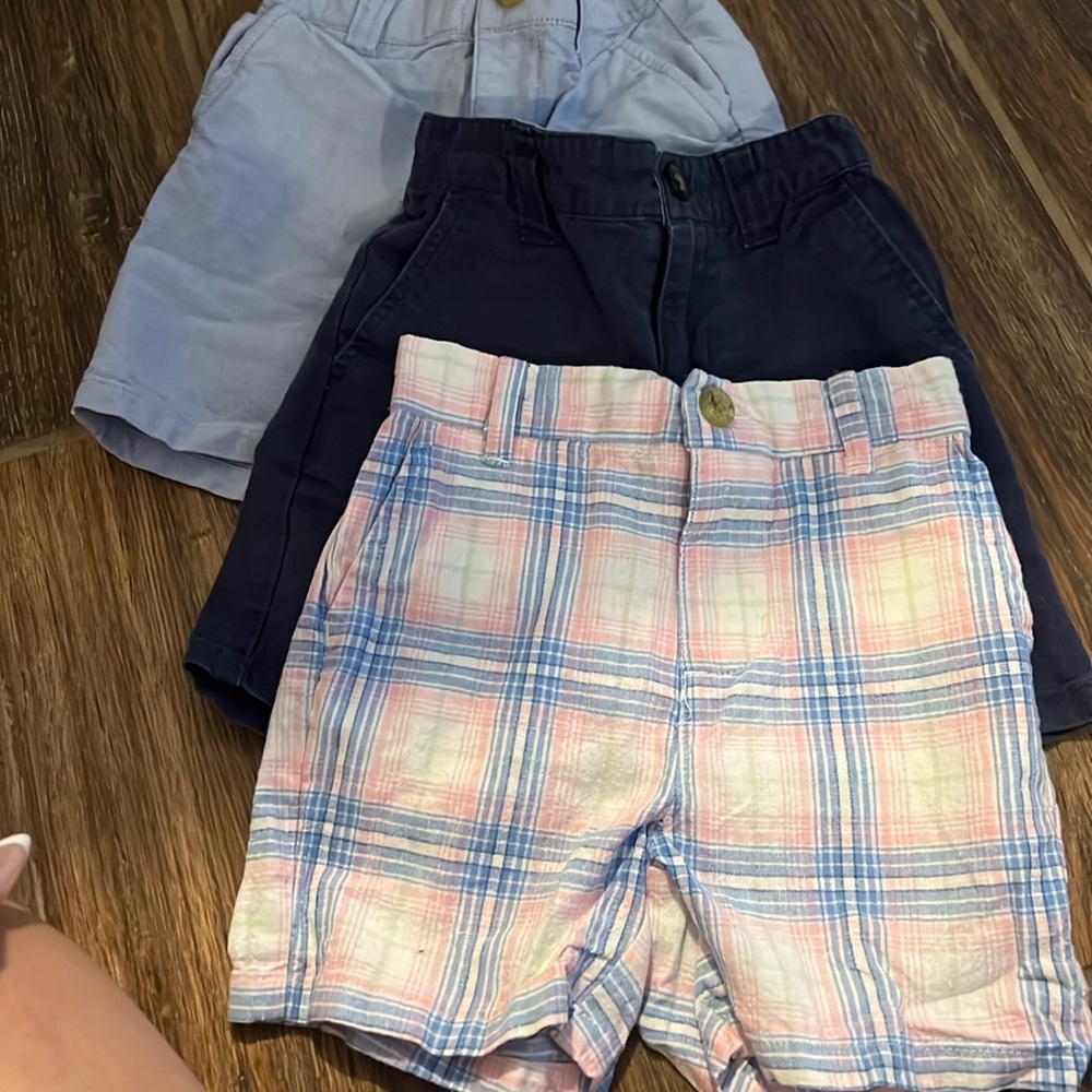 3 Janie and jack boy shorts 12-18 months. Dark blue has a small stain; see pic